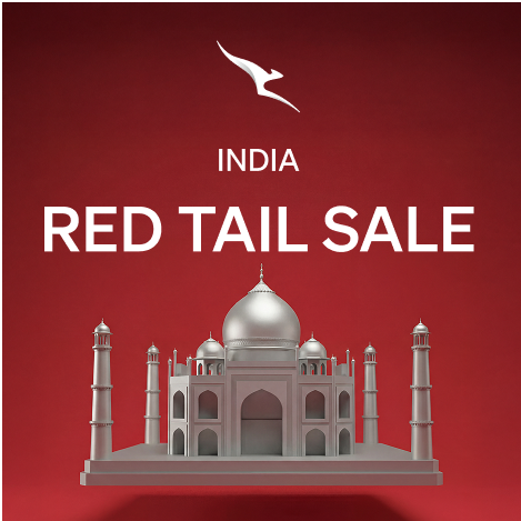 Poster advertising an India red tail sale with an image of the Taj Mahal on a red background.