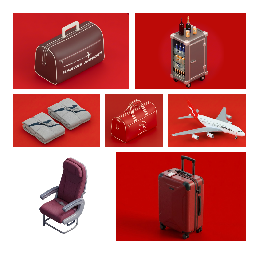 Collection of travel-related items including a Qantas Airlines duffel bag, a drink cart with beverages, folded blankets, a toy Qantas airplane, an airport seat, and a rolling suitcase on a red background.