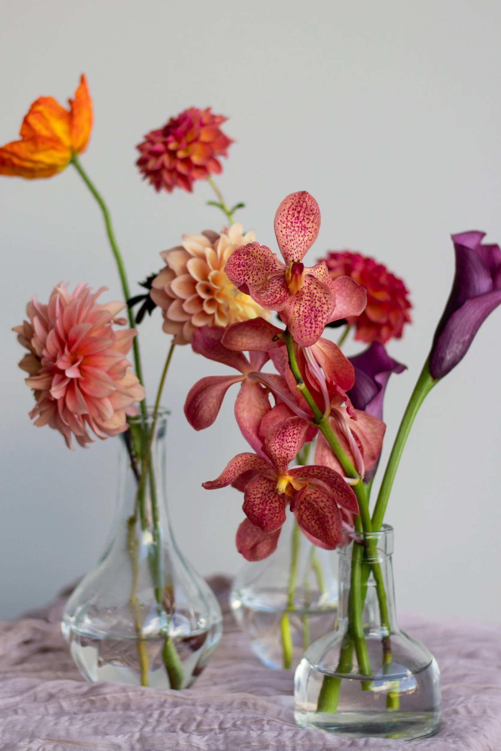 Various colorful flowers in glass vases on a table.