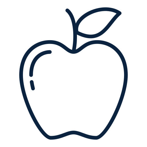 Simple line drawing of an apple with a leaf on top.