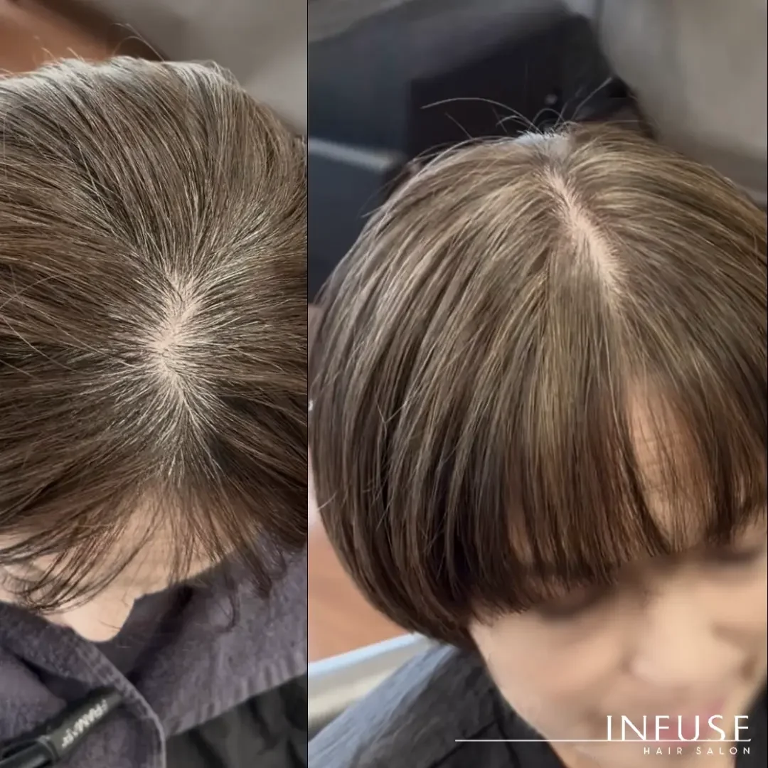 Before and after of a grey hair blending hair color client in Honolulu at Infuse Hair Salon