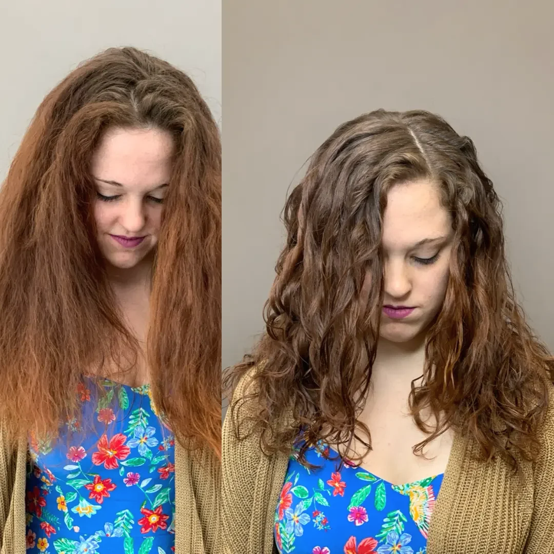 Comparison of a woman with long, thick, curly red hair on the left and the same woman with shorter, defined, curly brown hair on the right in front of neutral backgrounds.