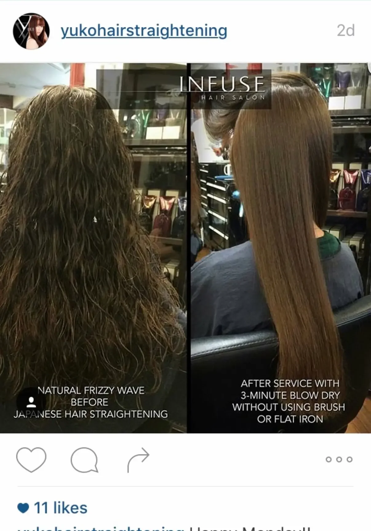 Comparison of a woman's hair before and after Japanese hair straightening treatment, showing frizzy, curly hair on the left and straight, smooth hair on the right.
