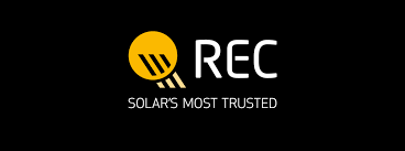 Black background with yellow circle and black diagonal lines, white text 'REC' and slogan 'Solar's Most Trusted'