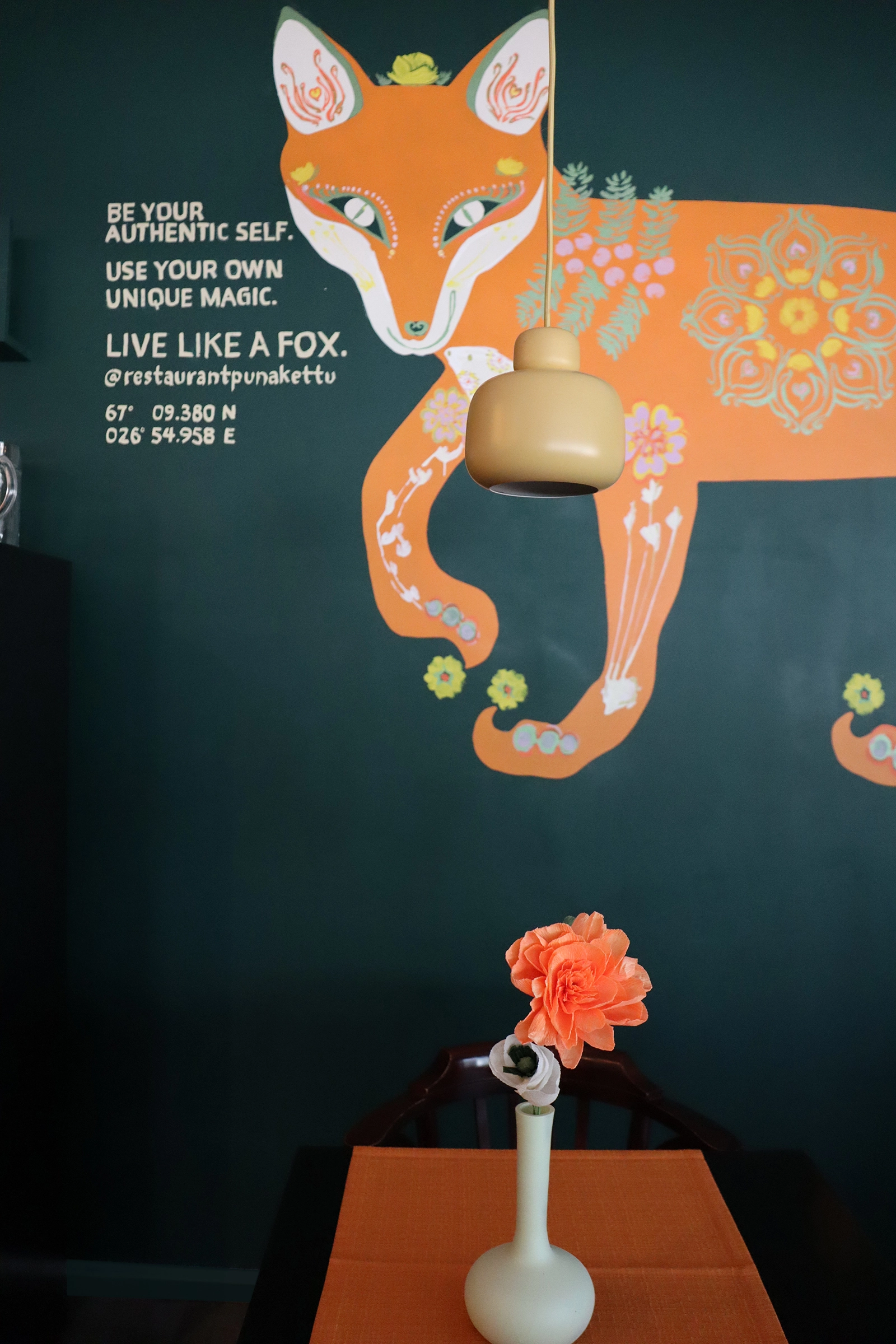 Kuvassa on sisätiloissa oleva pöytä, jonka päällä on vaaleanpunainen ja valkoinen kukkalaatiko, sekä päällä roikkuva valaisin. Taustalla seinällä on sähköinen seinämaalaus, jossa on syöksyvä kettu ja siihen liittyvä teksti: 'Ole oma aitoinen itsesi. Käytä omaa ainutlaatuista magiaasi. Elä kuin kettu.'