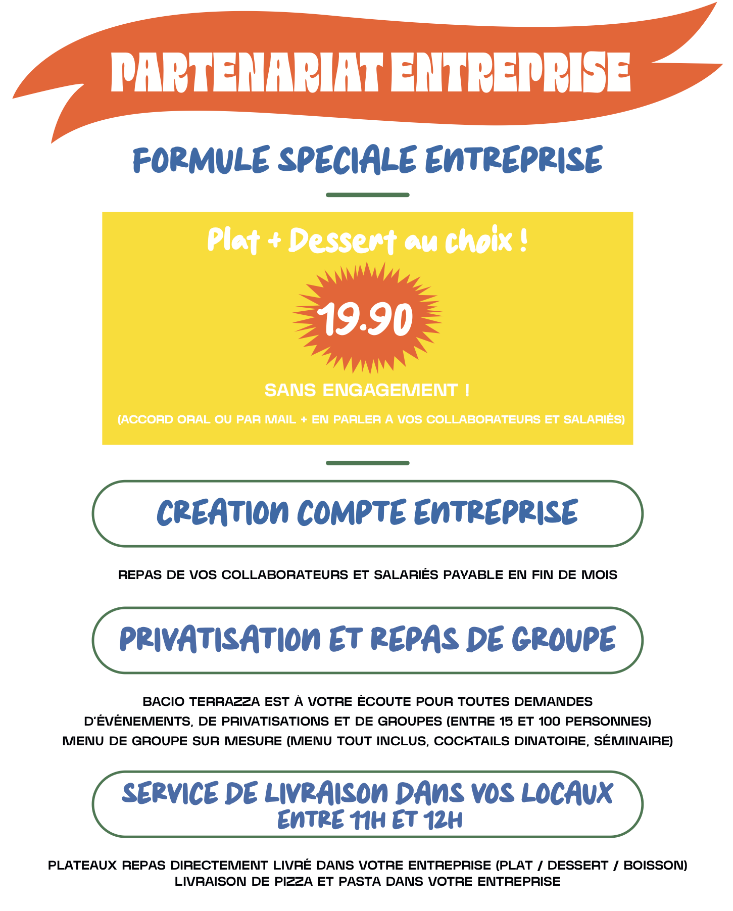 Affiche promotionnelle pour un partenariat d'entreprise proposant un menu comprenant un plat et un dessert au choix pour 19,90 euros, sans engagement. Inclut des options pour la création de comptes entreprises, la privatisation d'espaces et la livraison en entreprise entre 11h et 12h.
