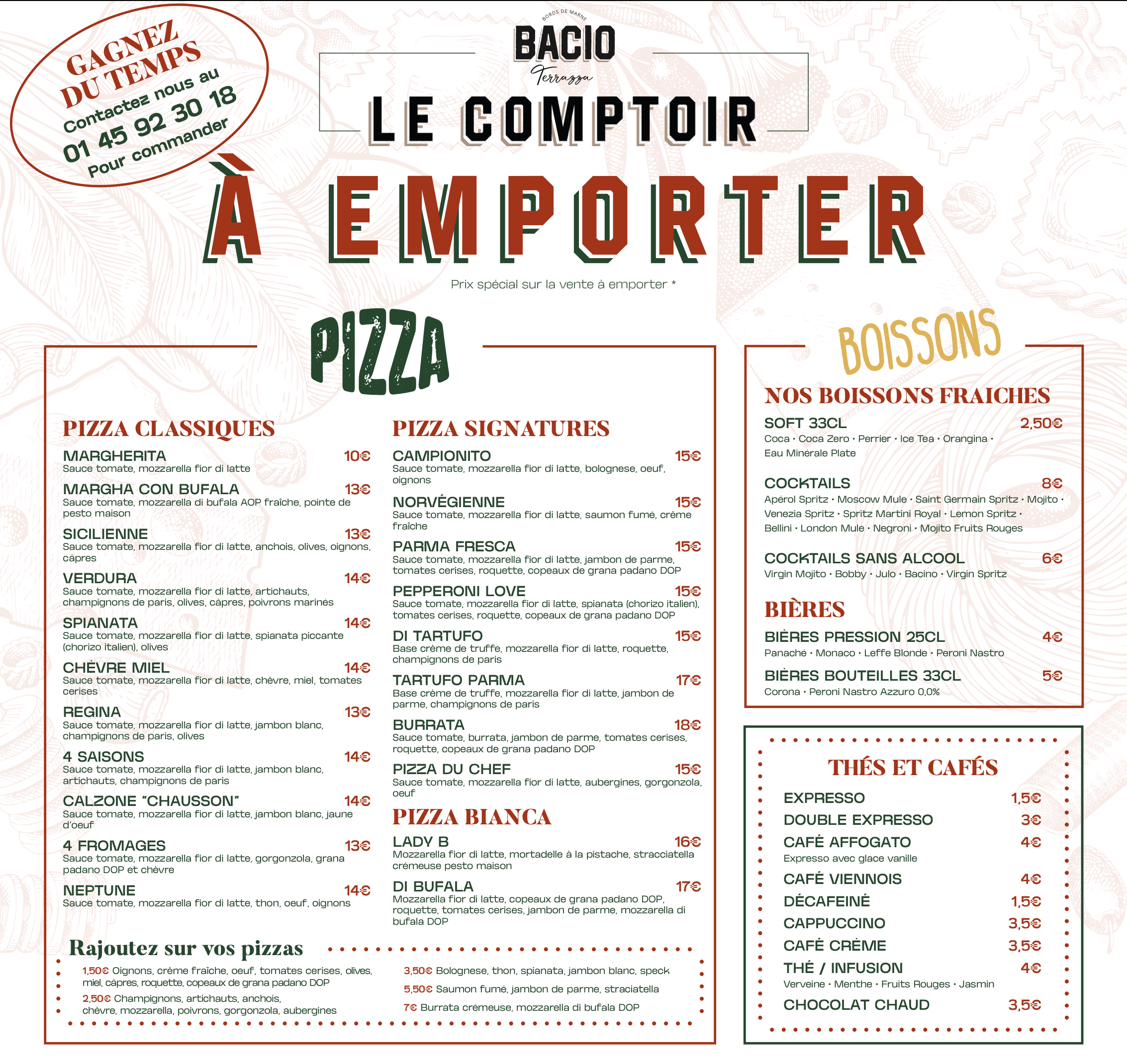 Menu à emporter avec sections pour pizza, boissons, bières et thés et cafés, du texte en français, prix et descriptions de plats et boissons.