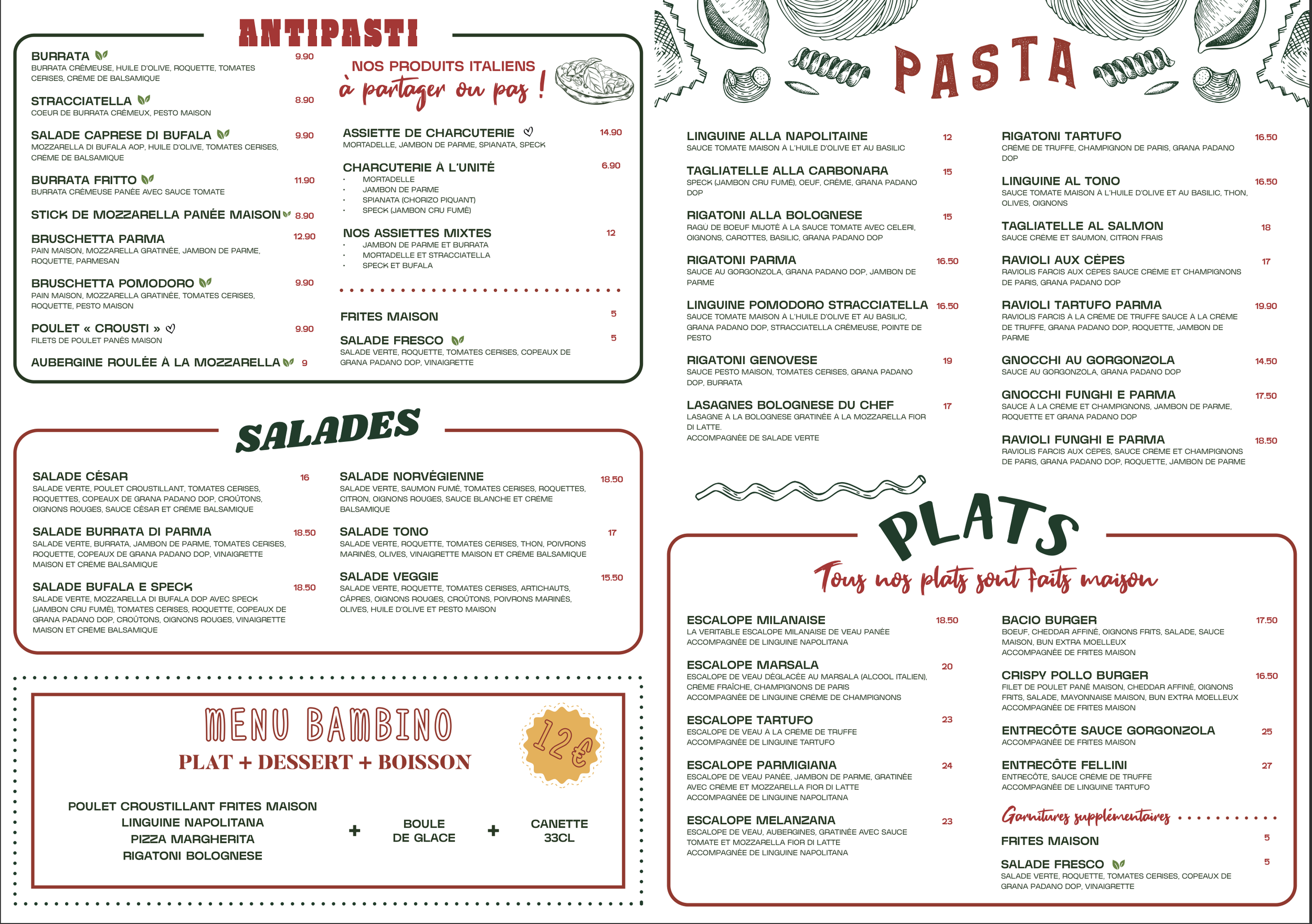 Menu de restaurant italien avec sections pour antipasti, salades, plats, et menu bébé, comprenant des descriptions de plats et leurs prix.