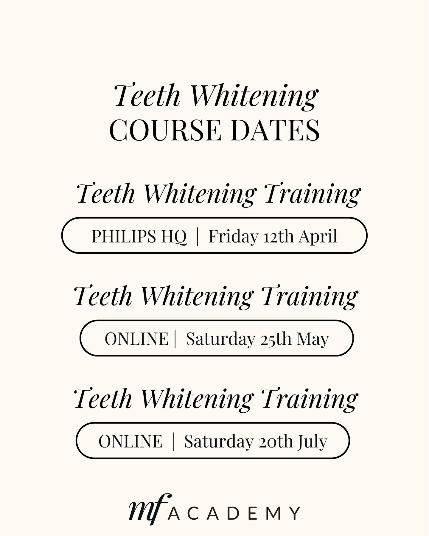 REMINDER, upcoming course dates!

🦷Teeth Whitening Training Course - Friday 12th April - Philips HQ, LAST SPACES REMAINING
🦷Teeth Whitening Training Course - Saturday 11th May | Online
🦷Teeth Whitening Training Course - Saturday 20th July | Online