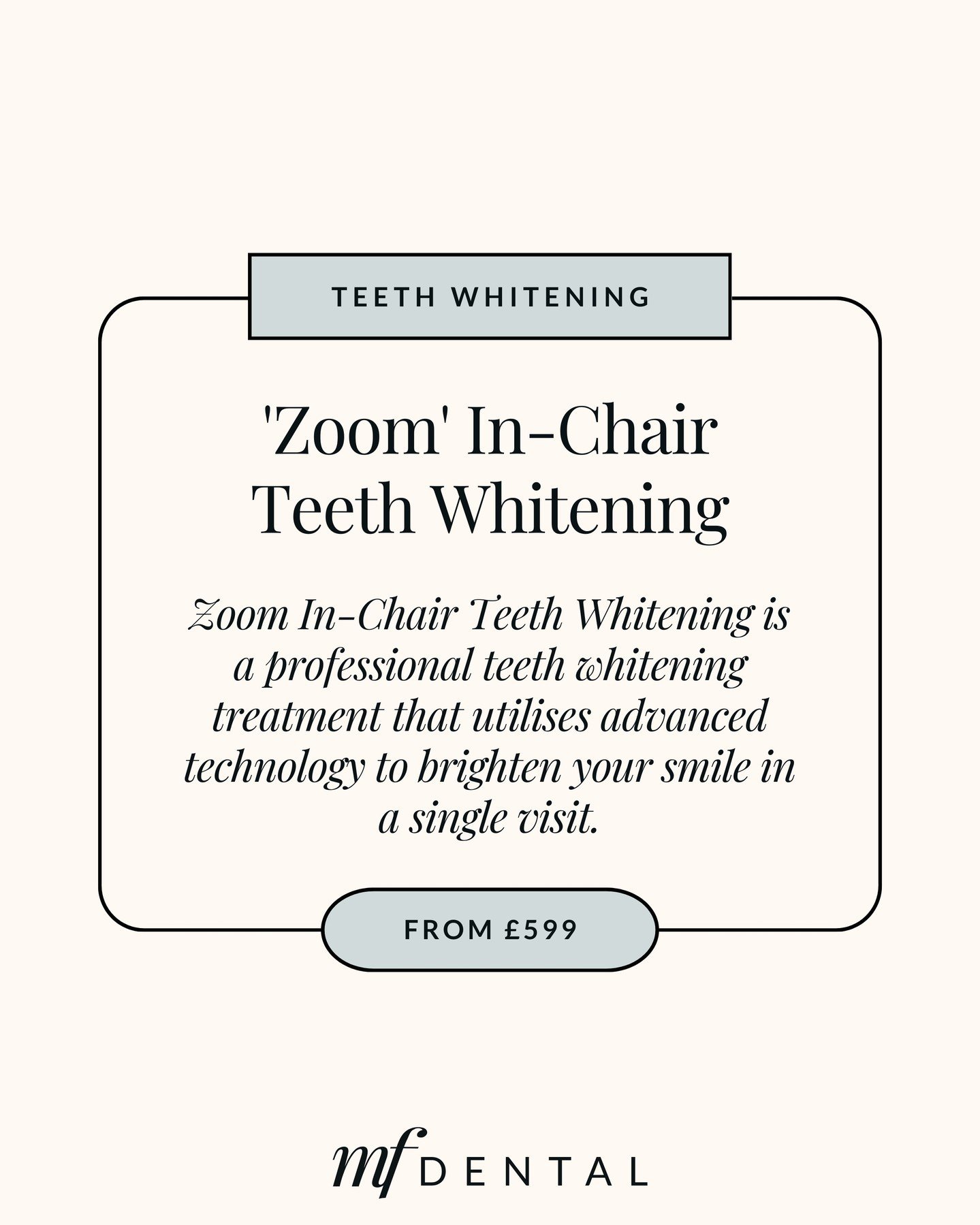 Zoom In-Chair Teeth Whitening is a professional teeth whitening treatment that utilises advanced technology to brighten your smile in a single visit. It is a safe and effective procedure performed by our experienced dental professionals.

For persona