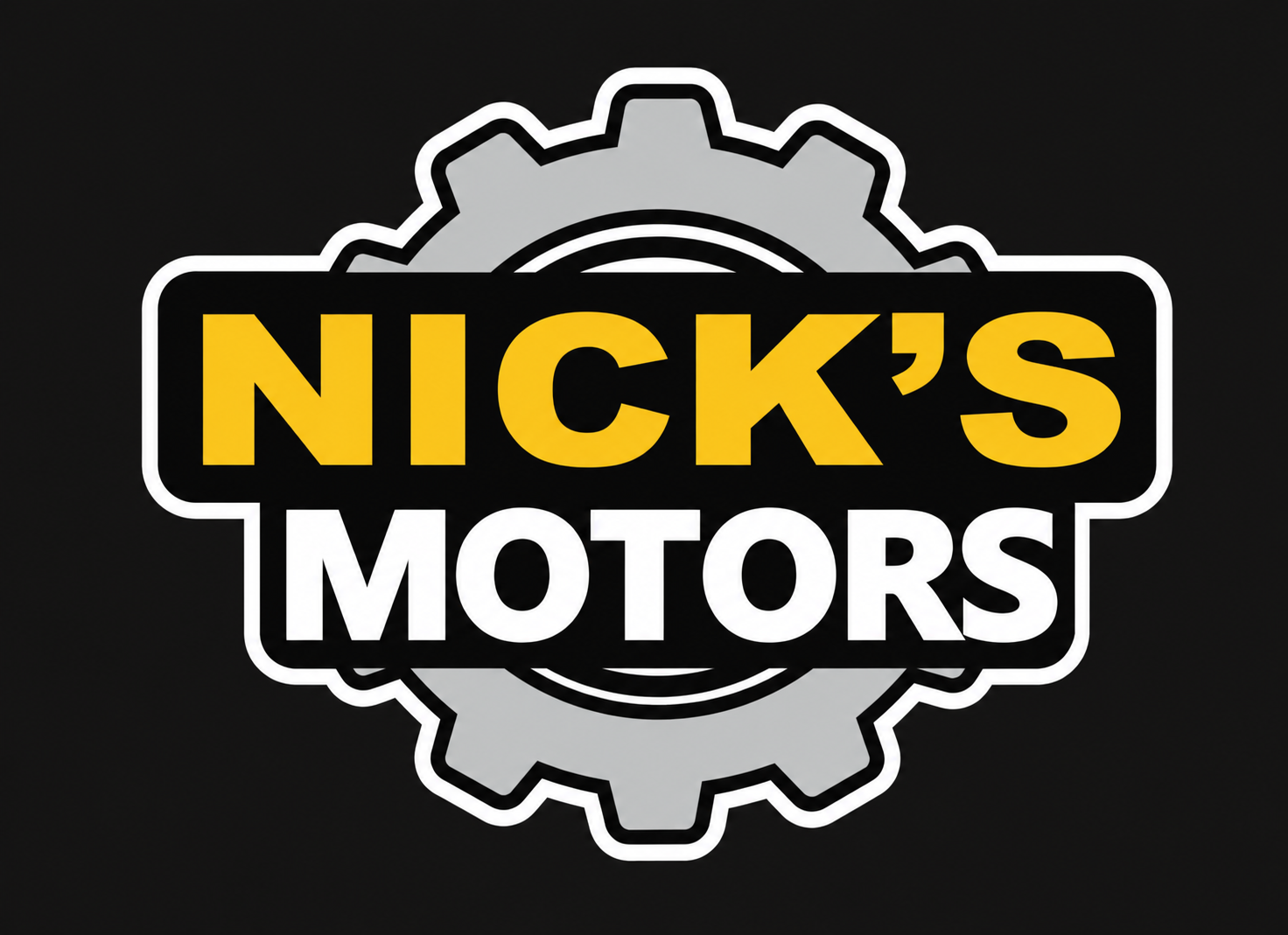 Neon sign for Nick's Motors featuring a gear and circular design elements, with black, yellow, white, and gray colors.