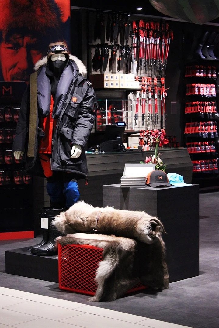 Vinterkledd mannequin og en hund som ligger på en benk i sportsbutikk med skiutstyr og klær på bakveggen.