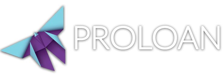 PROLOAN logo with a stylized purple and light blue origami butterfly