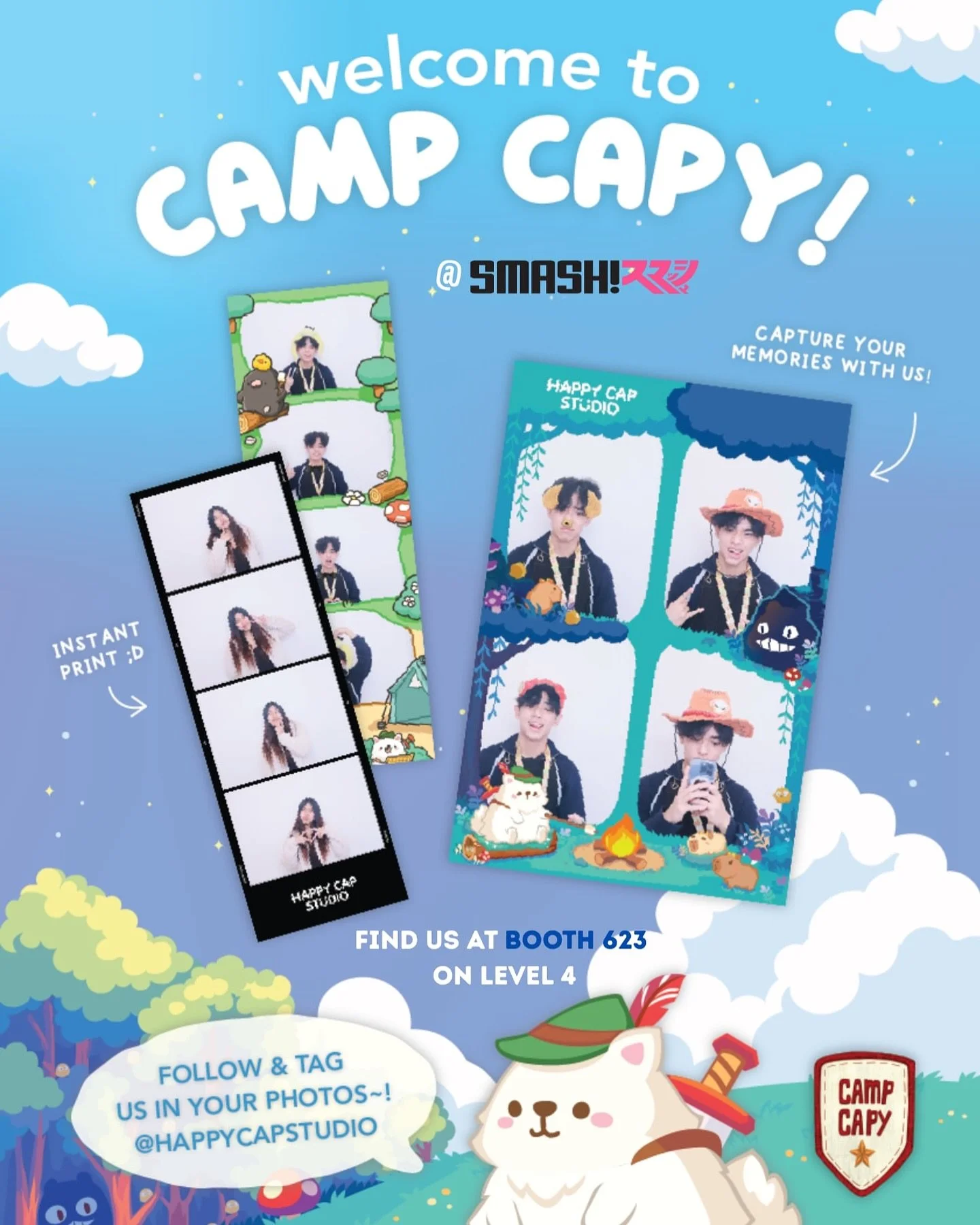 Welcome, weary traveller, to your final destination - Camp Capy Photo Booth at @smashcon β°οΈπͺ΅πποΈ
This year we are bringing 6 booths filled with special themed frames for your enjoyment πΈ π₯Ή
We are located at Booth 623 on level 4 
Open from Frida