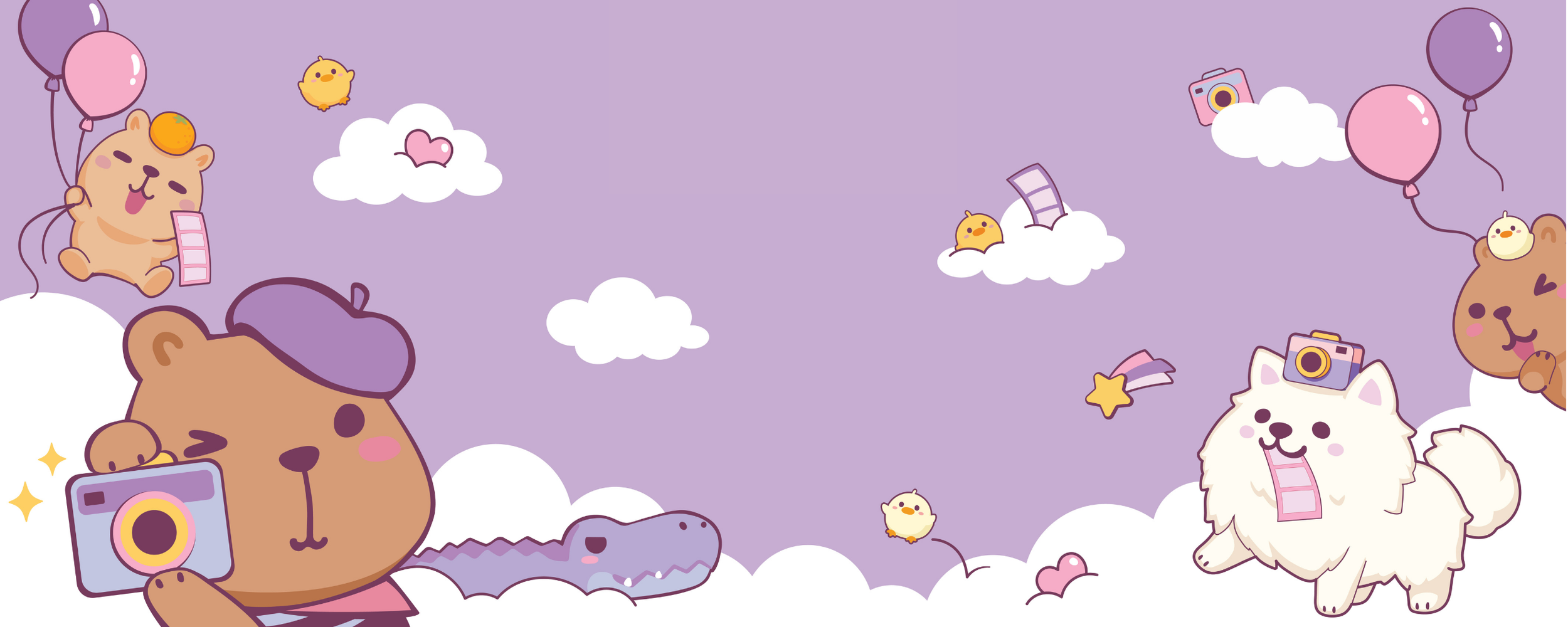 Dreamy landscape with Capy and Sprout the Samoyed