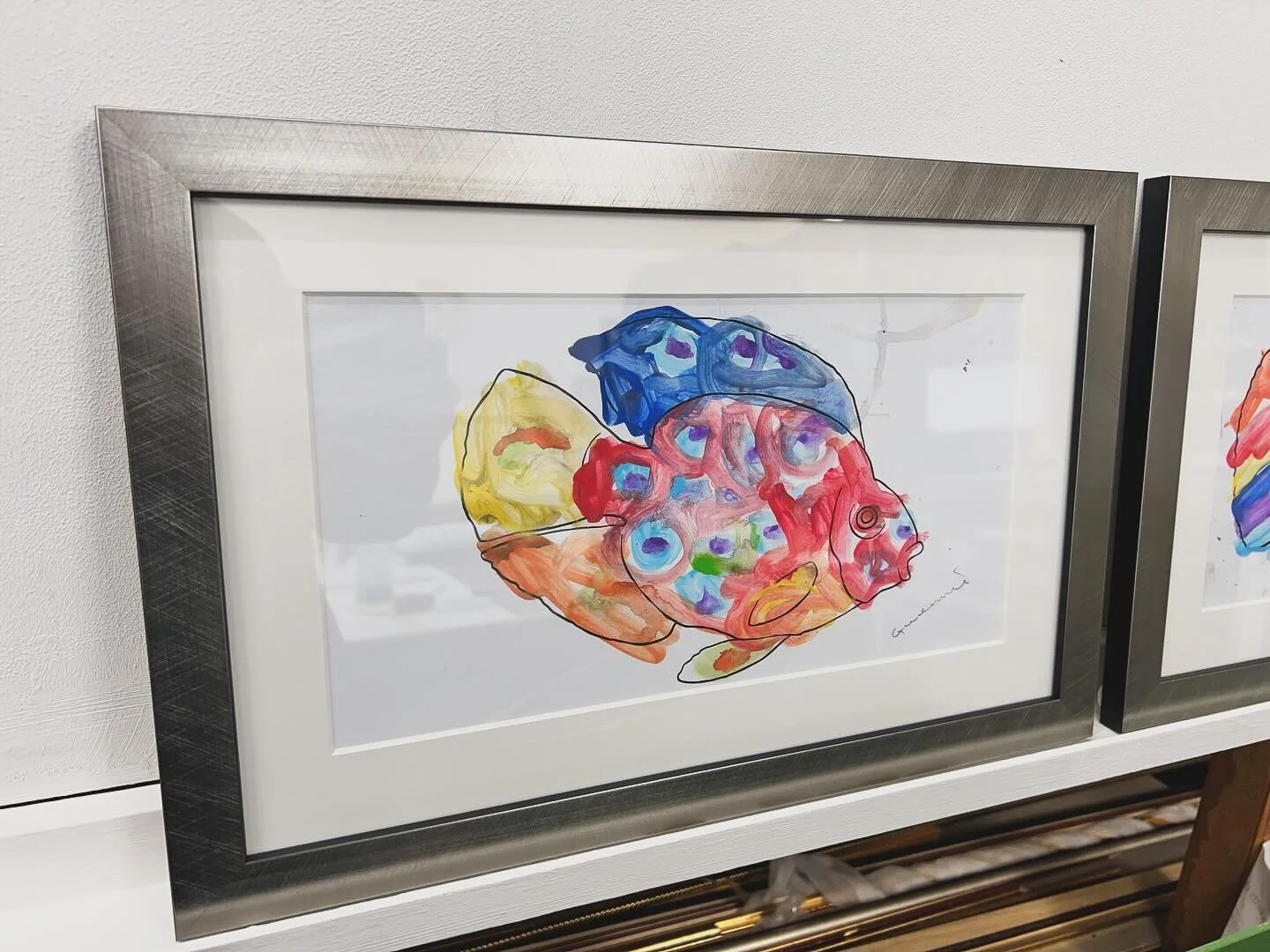 Funky fish art with brush silver frames #funkyart #watercolours #bespokeframing #greenlysframing #pictureframing #creativeframing #mounting