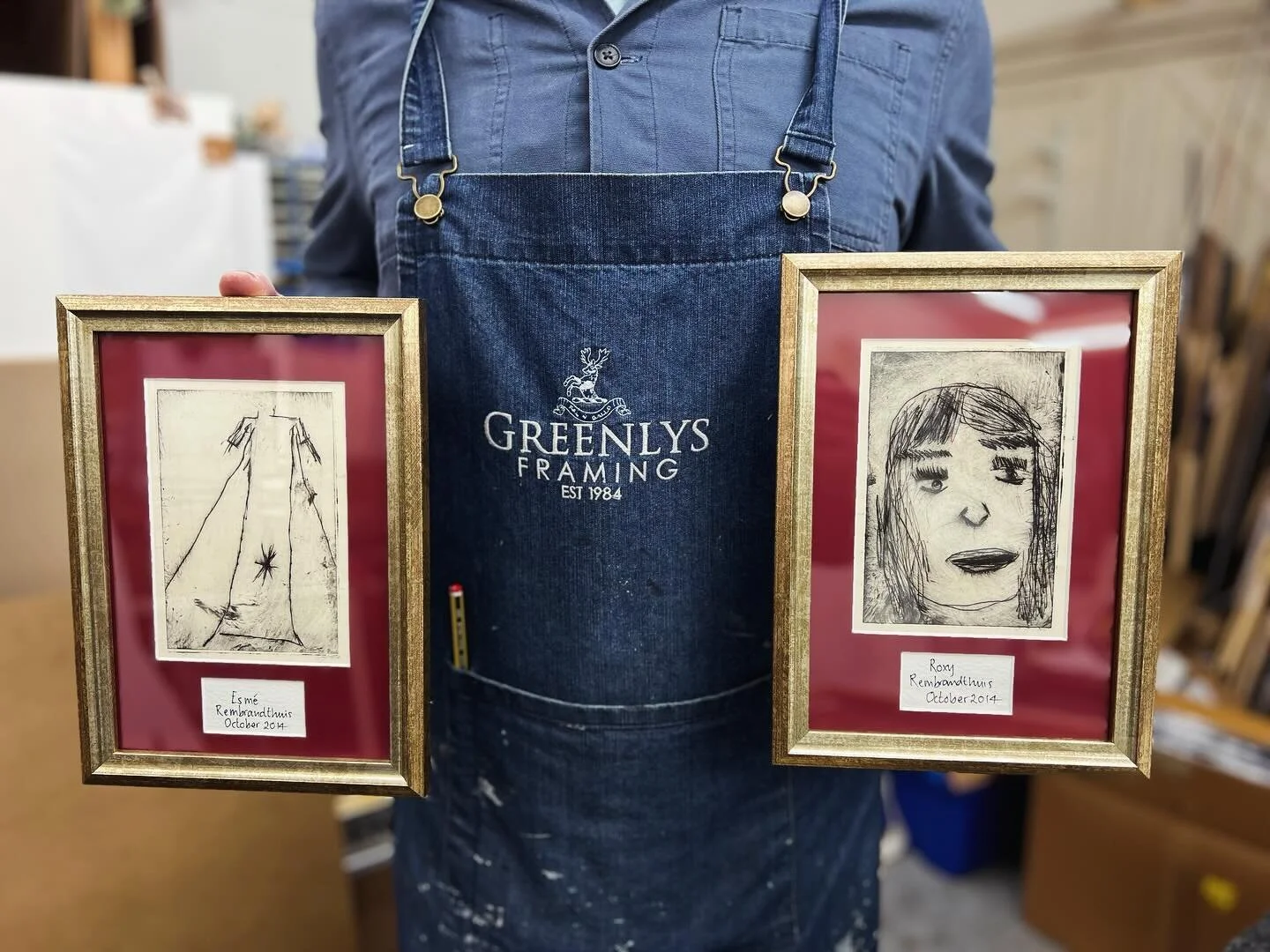 Black and white etchings that work so well with a burgundy mount @greenlysframing #bespokemounting #blackandwhiteetching #bespokeframing #pictureframing #creativeframing #mounting