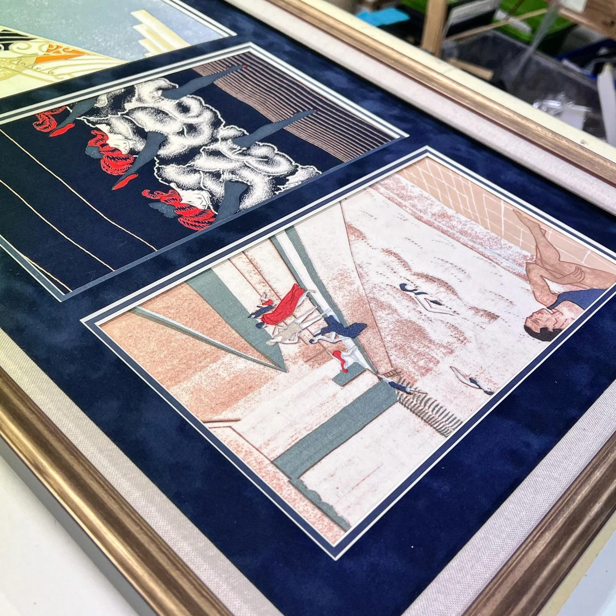 Loving the velvet blue mount board @greenlysframing #mounting #multiaperture #triplemount #bespokeframing #creativeframing