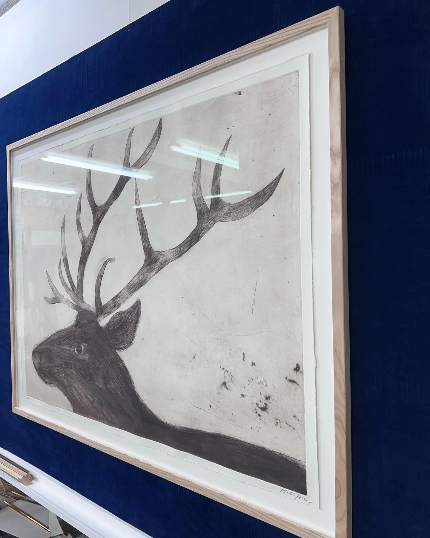 Greenlys Framing at its best. Kate Boxer stag from @cricketfineart  #oakframe #waxedframe #bespoke-framing