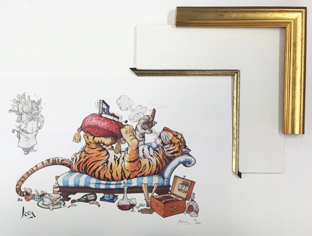 A whimsical illustration of a tiger relaxing on a striped lounge chair, smoking a pipe, with a laptop on its stomach, surrounded by scattered snacks and items, and a corner of a gold picture frame in the background.