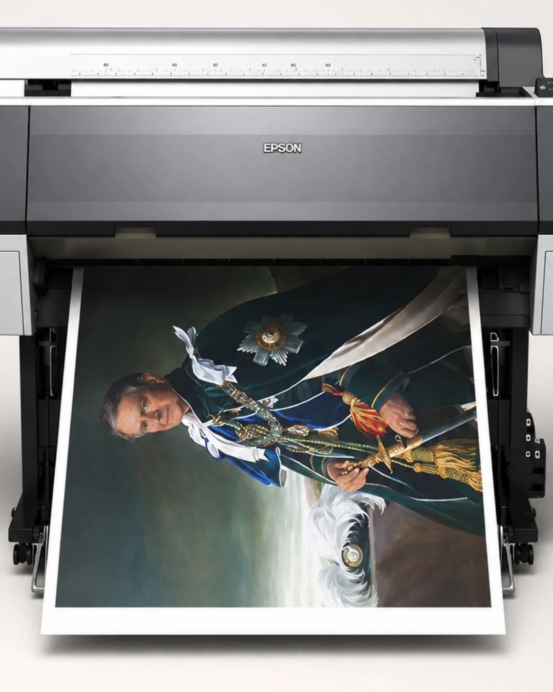 Color printing of a historical portrait of a man dressed in elaborate dark clothing, holding a sword, with medals and decorations, and a background featuring clouds and sky.