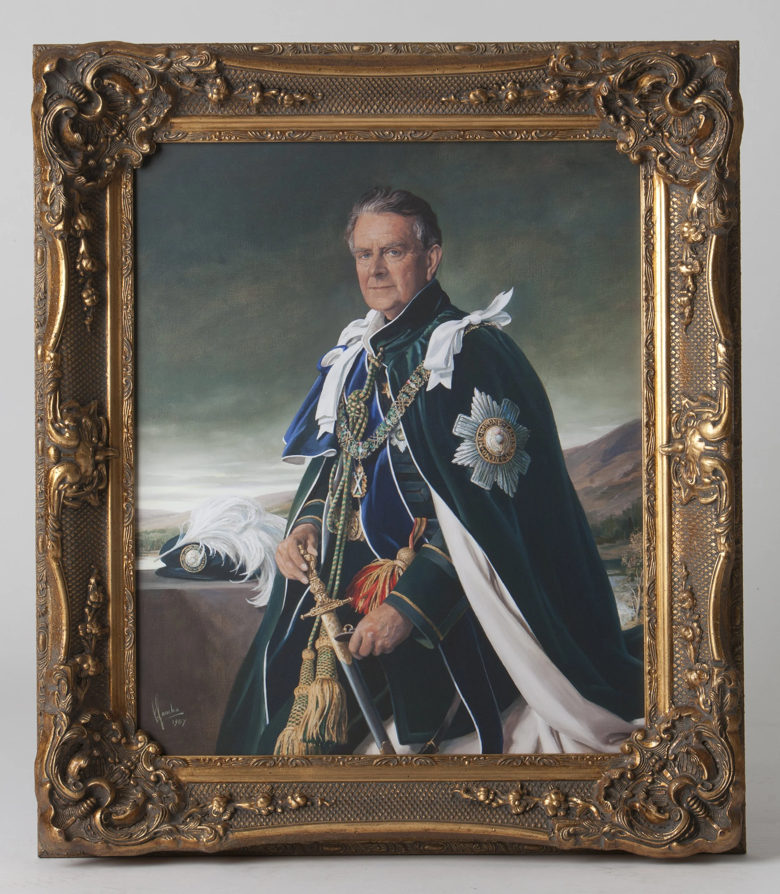 A painted portrait of a distinguished man in historical military uniform, framed with an ornate gold frame, signed 'Dancho 1957'.