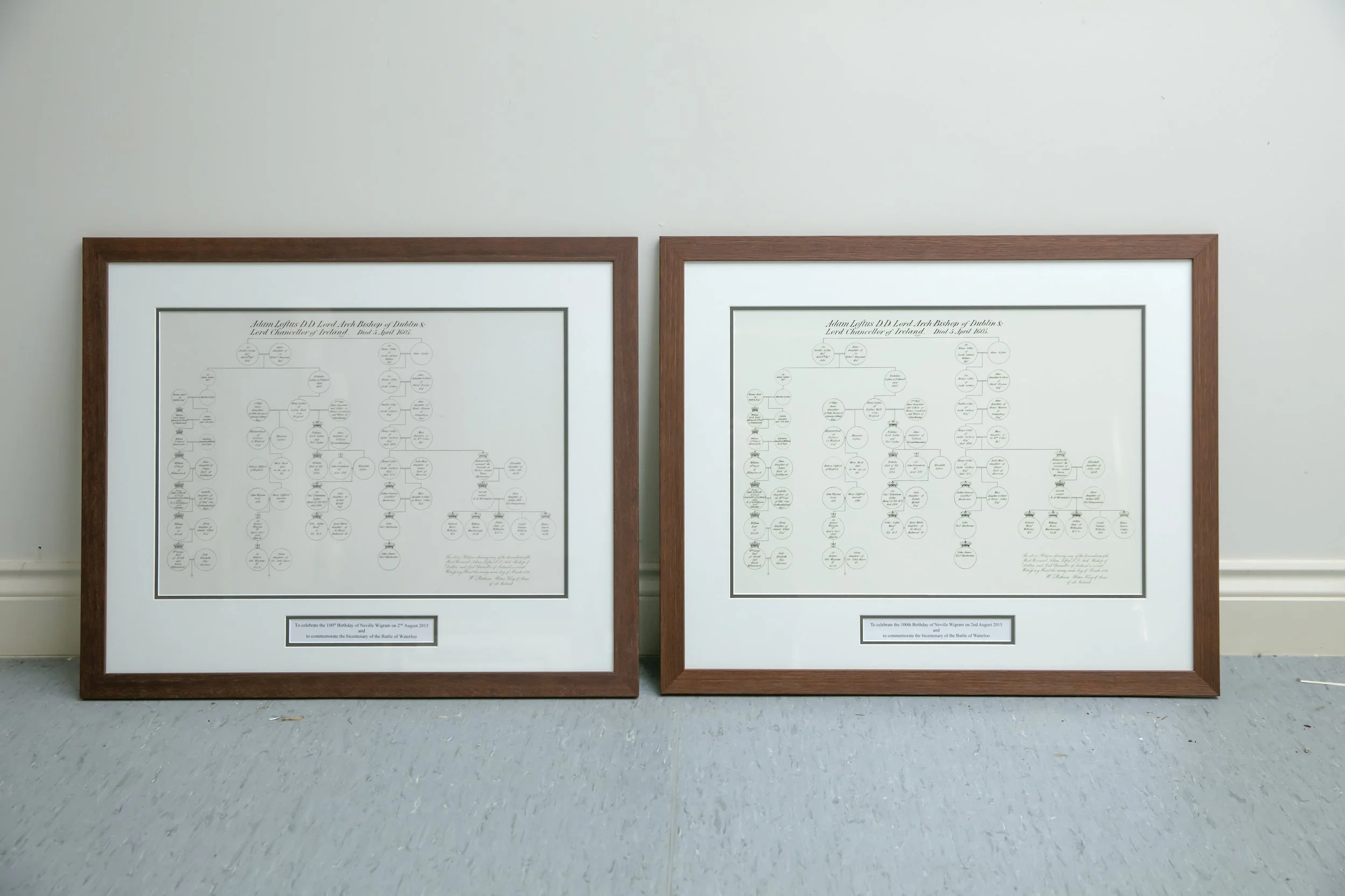 Two framed diagrams of family trees leaning against a plain wall, with descriptions and celebratory notes below them.
