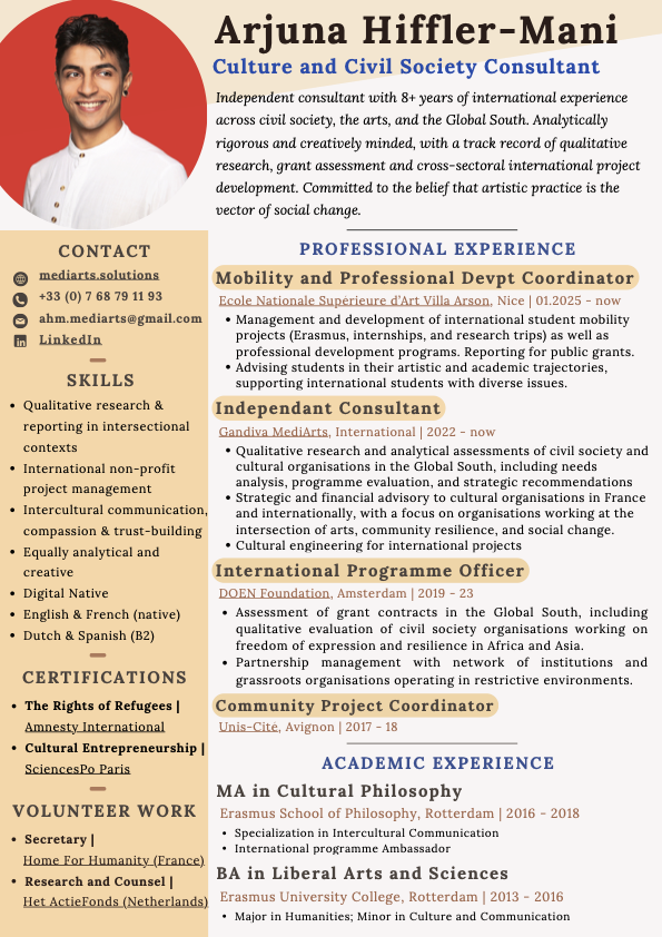 A professional CV or resume of Arjuna Hiffler-Mani, a culture and civil society consultant. The document includes contact info, skills, certifications, volunteer work, and professional experience. It features a headshot of a young man with dark hair and a white shirt, smiling, on a red background.
