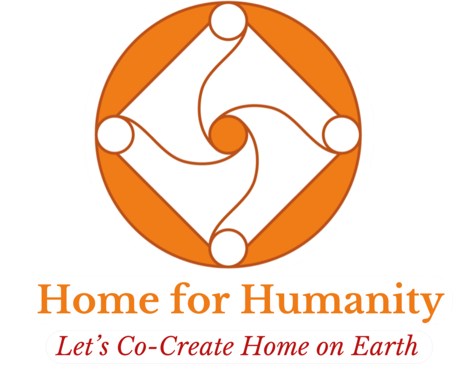 Logo for 'Home for Humanity' featuring a circular design with four interconnected curved lines forming a star shape, colored in orange and white, with the tagline 'Let's Co-Create Home on Earth' in red below.