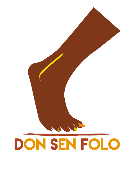 A stylized brown foot with yellow toenails and a yellow stripe down the leg, with the text 'DON SEN FOLO' beneath it.