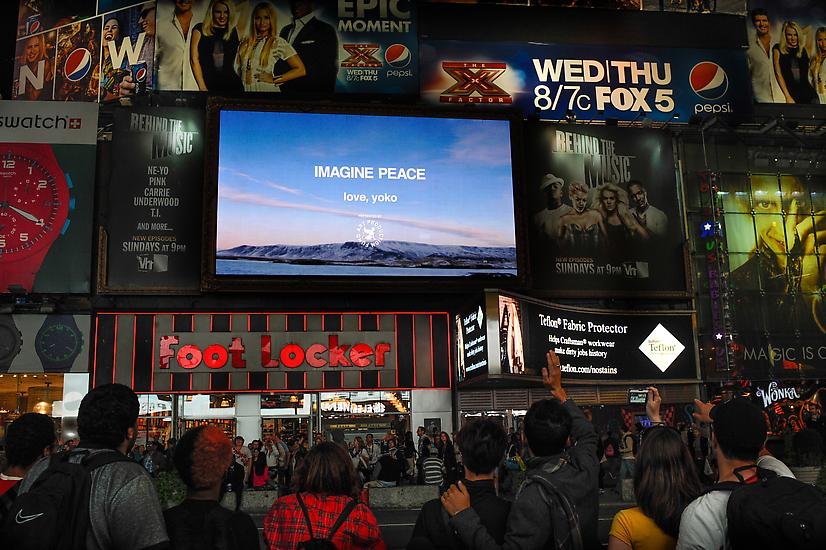  Photo by Casey Kelbaugh, courtesy of Art Production Fund. IMAGINE PEACE by Yoko Ono as part of the Times Square Alliance public art program on September 21, 2012, the International Day of Peace. 