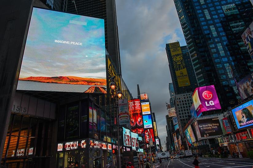  Photo by Casey Kelbaugh, courtesy of Art Production Fund. IMAGINE PEACE by Yoko Ono as part of the Times Square Alliance public art program on September 21, 2012, the International Day of Peace. 