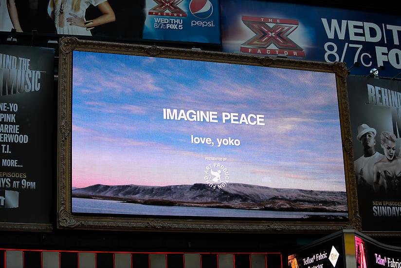  Photo by Casey Kelbaugh, courtesy of Art Production Fund. IMAGINE PEACE by Yoko Ono as part of the Times Square Alliance public art program on September 21, 2012, the International Day of Peace. 