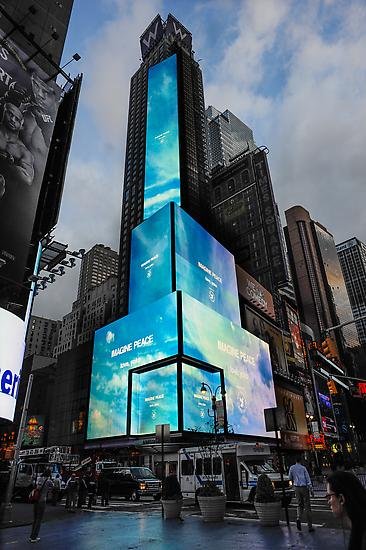  Photo by Casey Kelbaugh, courtesy of Art Production Fund. IMAGINE PEACE by Yoko Ono as part of the Times Square Alliance public art program on September 21, 2012, the International Day of Peace. 