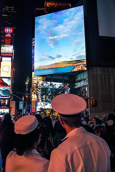  Photo by Casey Kelbaugh, courtesy of Art Production Fund. IMAGINE PEACE by Yoko Ono as part of the Times Square Alliance public art program on September 21, 2012, the International Day of Peace. 