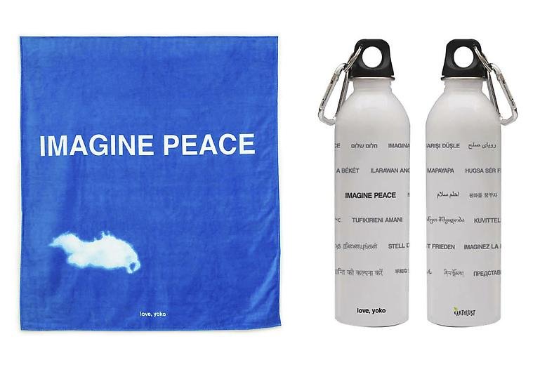  Beach towel and Water Bottle by Yoko Ono Image courtesy of Art Production Fund 