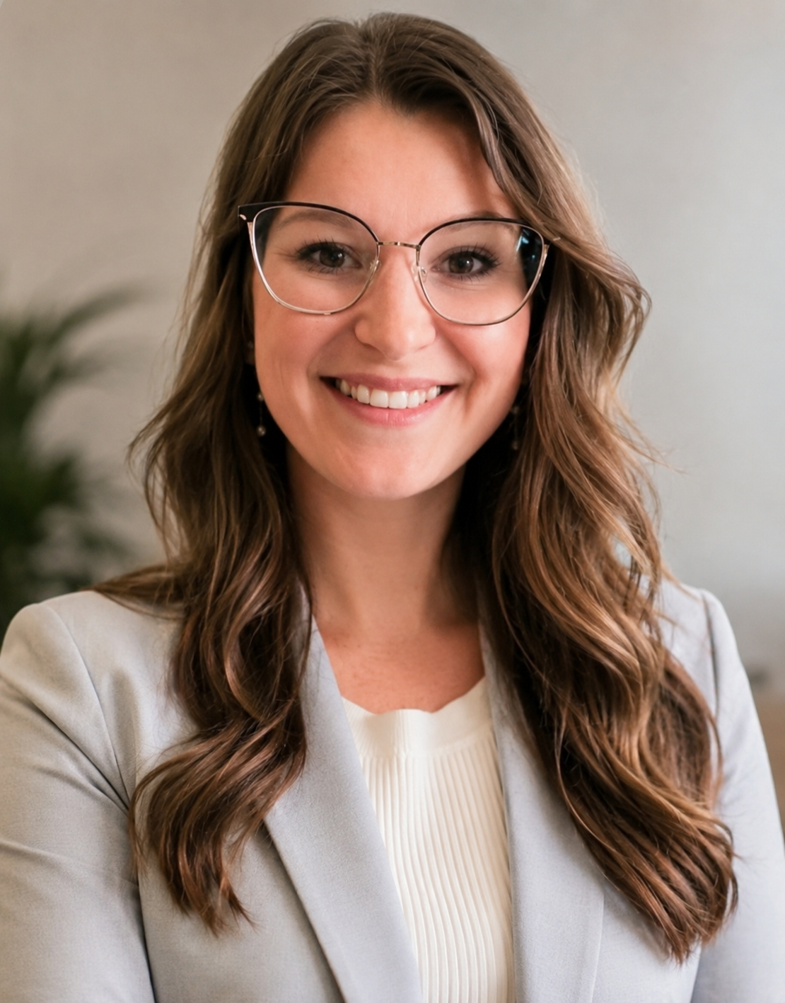 A woman with long brown hair wearing glasses, a light-colored blazer, and a white top, smiling in an indoor setting.