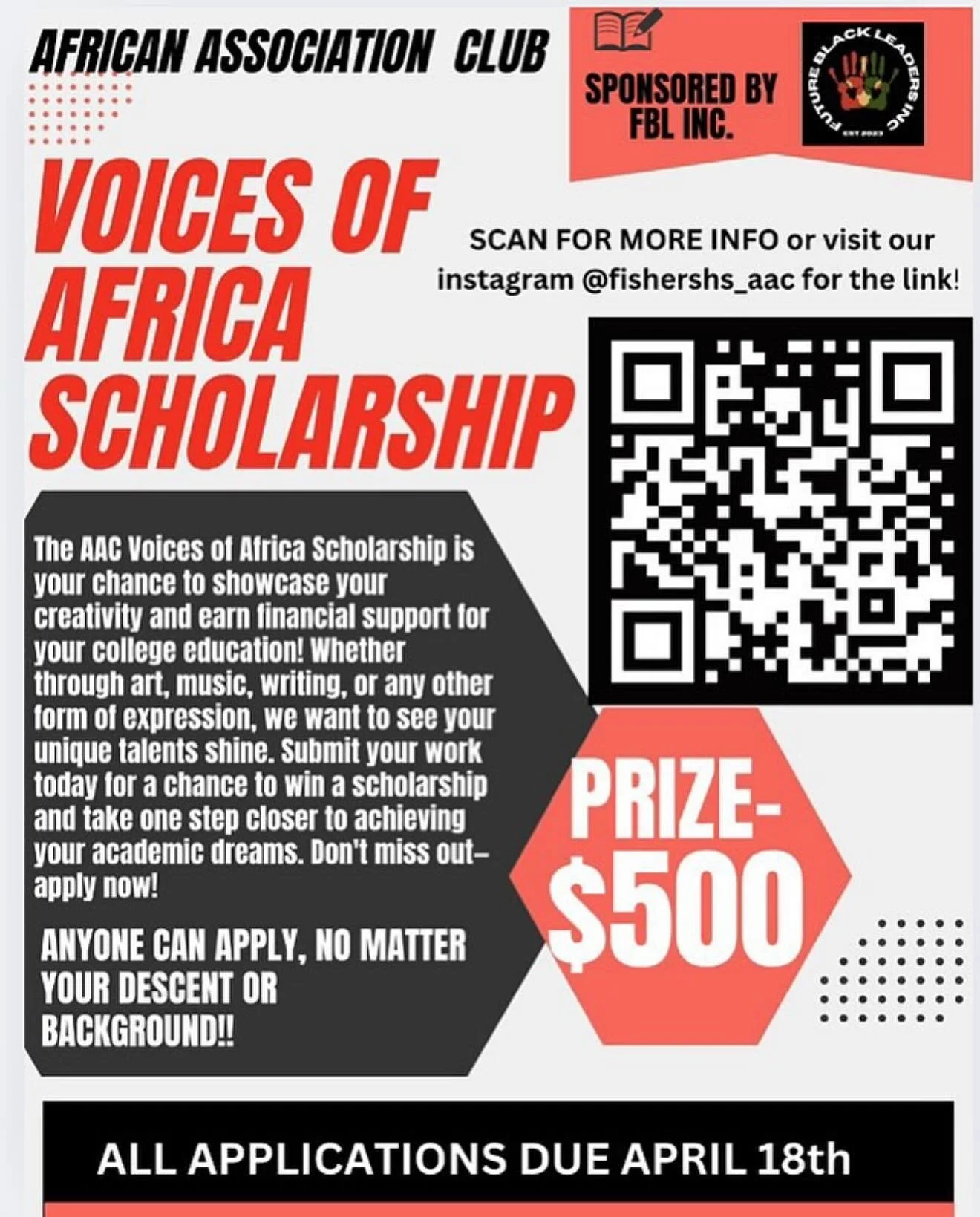 Creatives, this one&rsquo;s for you!
The AAC Voices of Africa Scholarship is awarding $500 to an Indiana high school student who can showcase their creativity through art, music, writing, or any unique form of expression.

Deadline: April 18th!
Open 