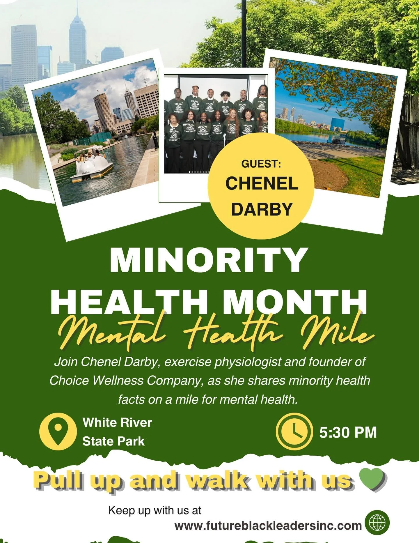 Pull up for Minority Health Month 💚
We&rsquo;re hosting a Mental Health Mile at White River State Park with guest speaker Chenel Darby.
Come walk, learn, and support mental health in our community.
📍 White River State Park 🕒 5:30 PM, Thursday, Apr