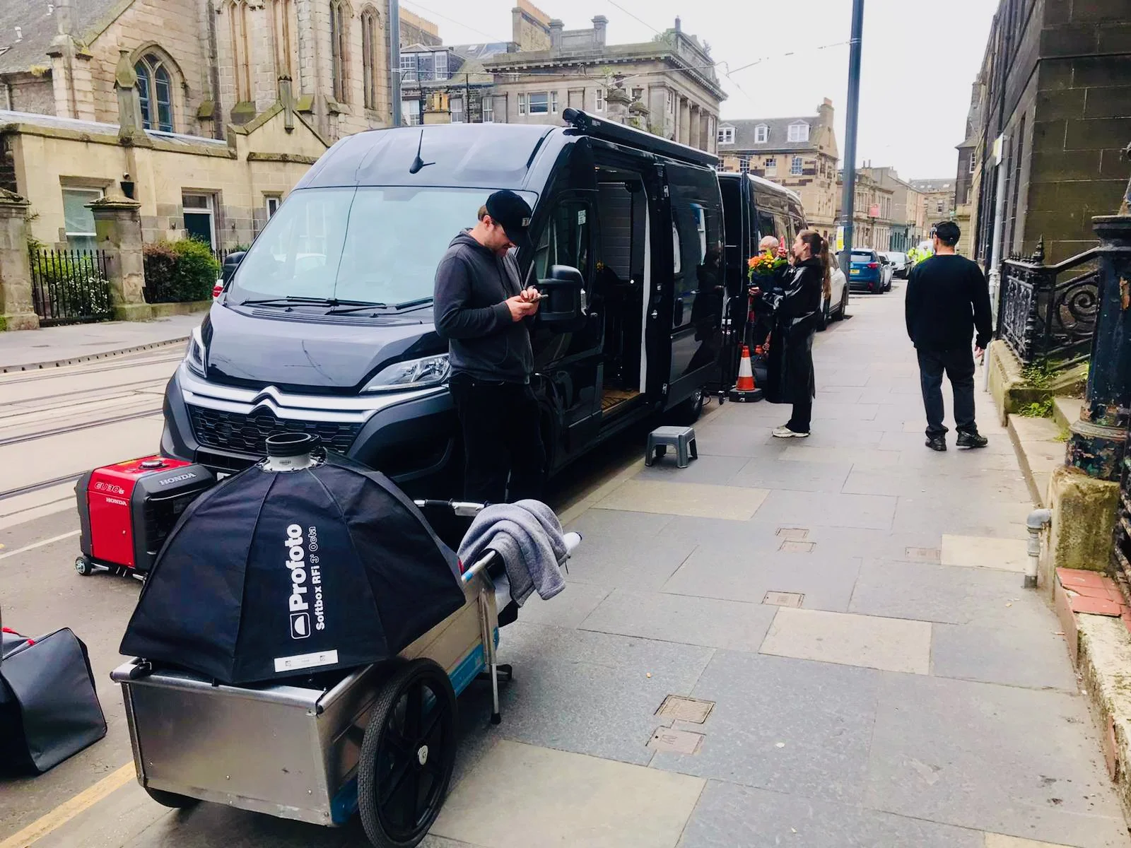 Hair and makeup van on shoot Edinburgh streets