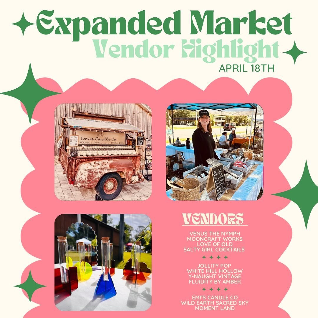 Totally new vendors for the Expanded Market this Thursday! Here is a sneak peek of what we will have for you! 

When: Thursday April 18th, 4-7pm
Where: 619 S Main Street Gainesville, FL
Music: The Shambles

We look forward to seeing you!  This event 