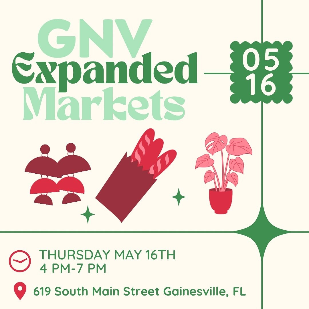 Join us next Thursday for our last Expanded Market before the summer! With new vendors as well as your favorite usual vendors. May 16th, 4-7pm!

#gainesvillefl #onlyingainesville #visitgainesville #352 #alchuacounty #downtowngnv #gogators #uf #florid