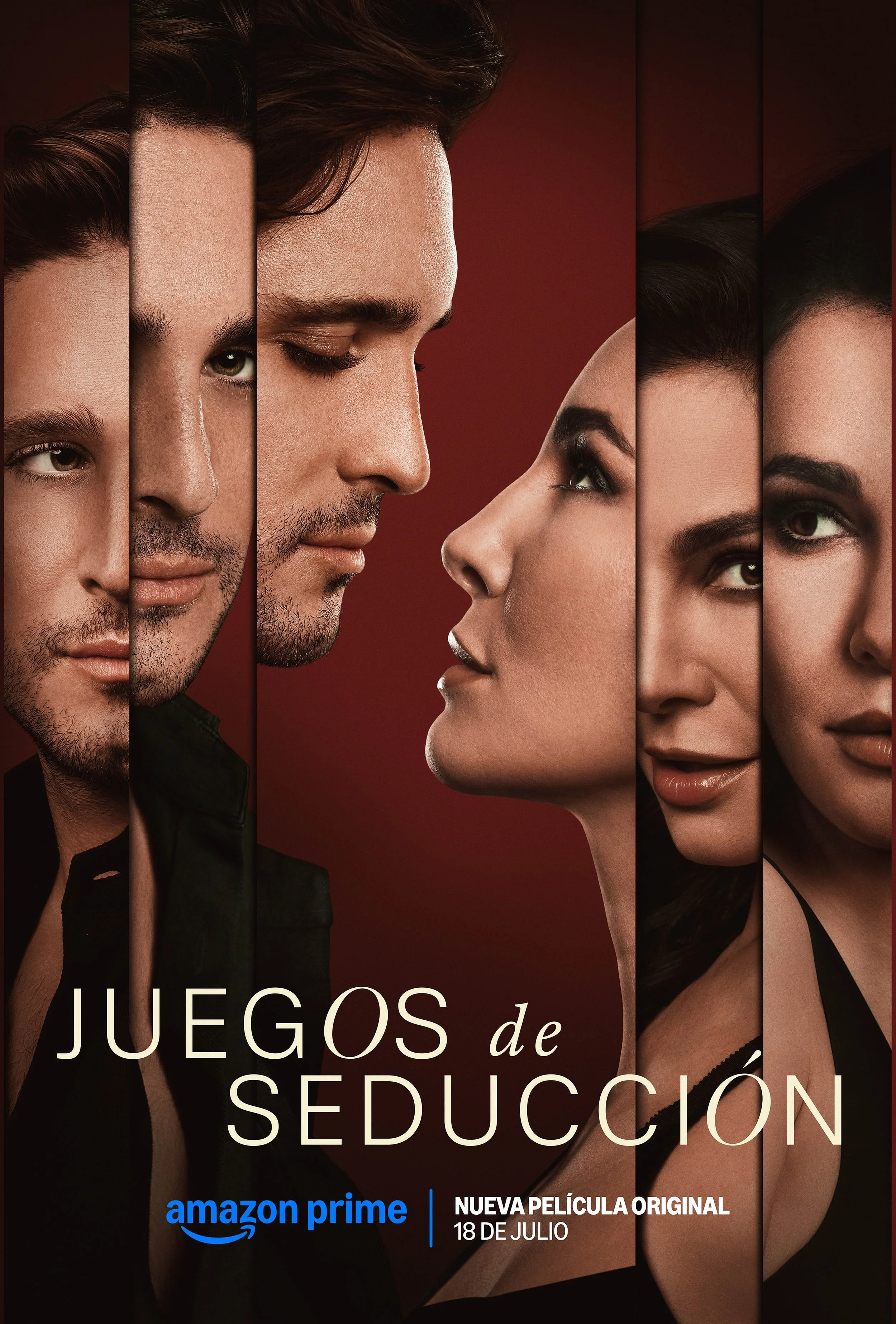 Poster for the movie 'Juegos de Seducción' with four characters in close-up, facing each other against a dark red background, promoting Amazon Prime's release on July 18.