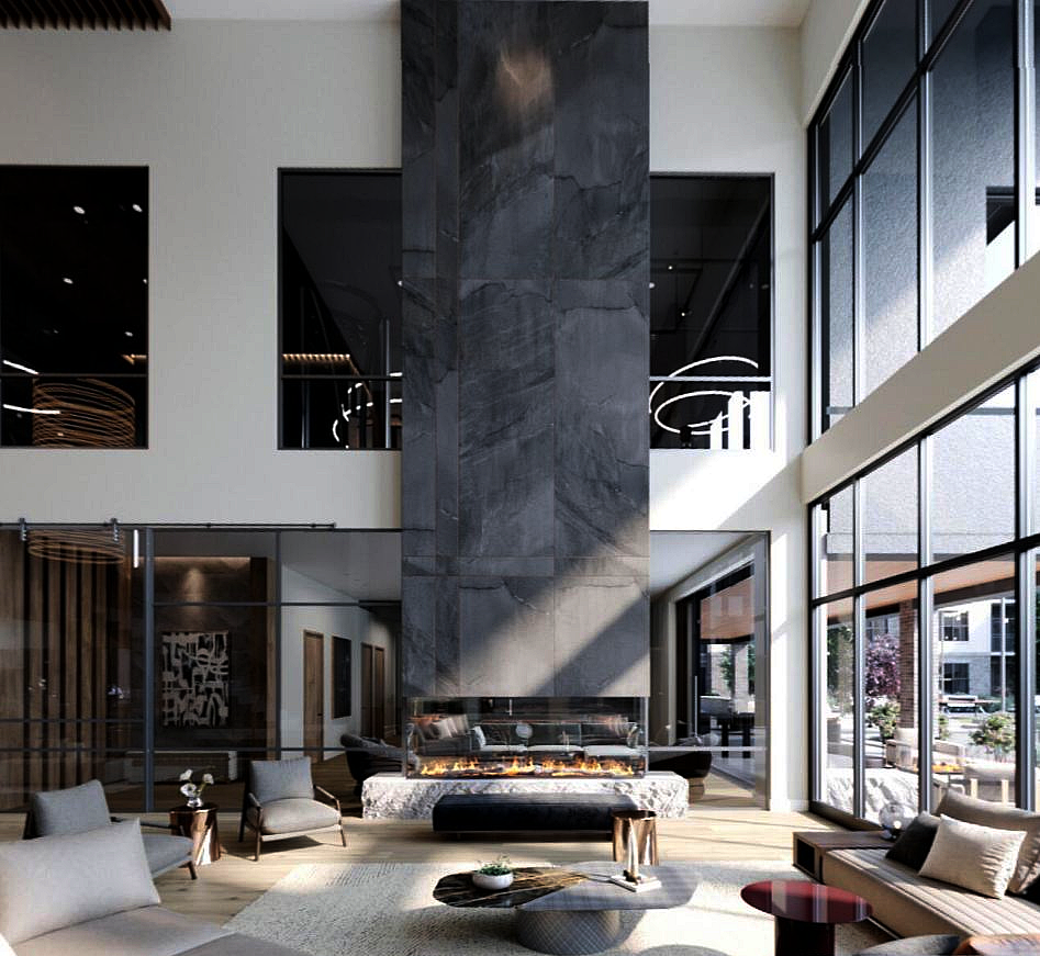 Luxury multi-family clubhouse lounge with marble fireplace and modern seating – Legacy Cary 3D model in design development for 2026 by 247 Design