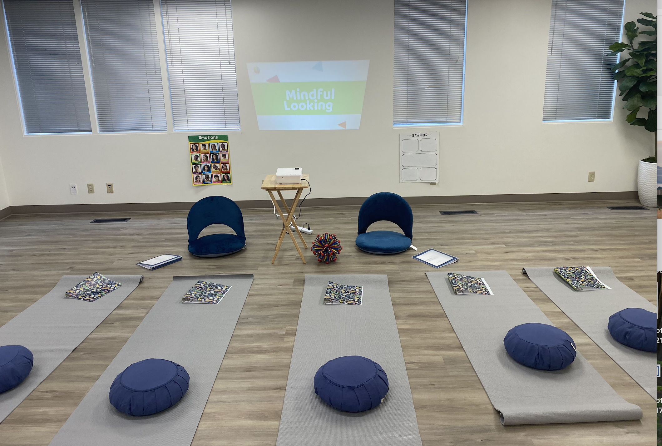 A classroom set up for a yoga or mindfulness session with mats and blue cushions, a projector displaying 'Mindful Looking,' and educational posters on the wall.