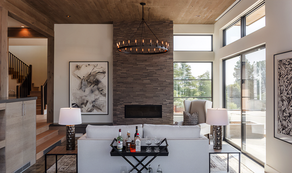 Transitional Living Room Stone Fireplace