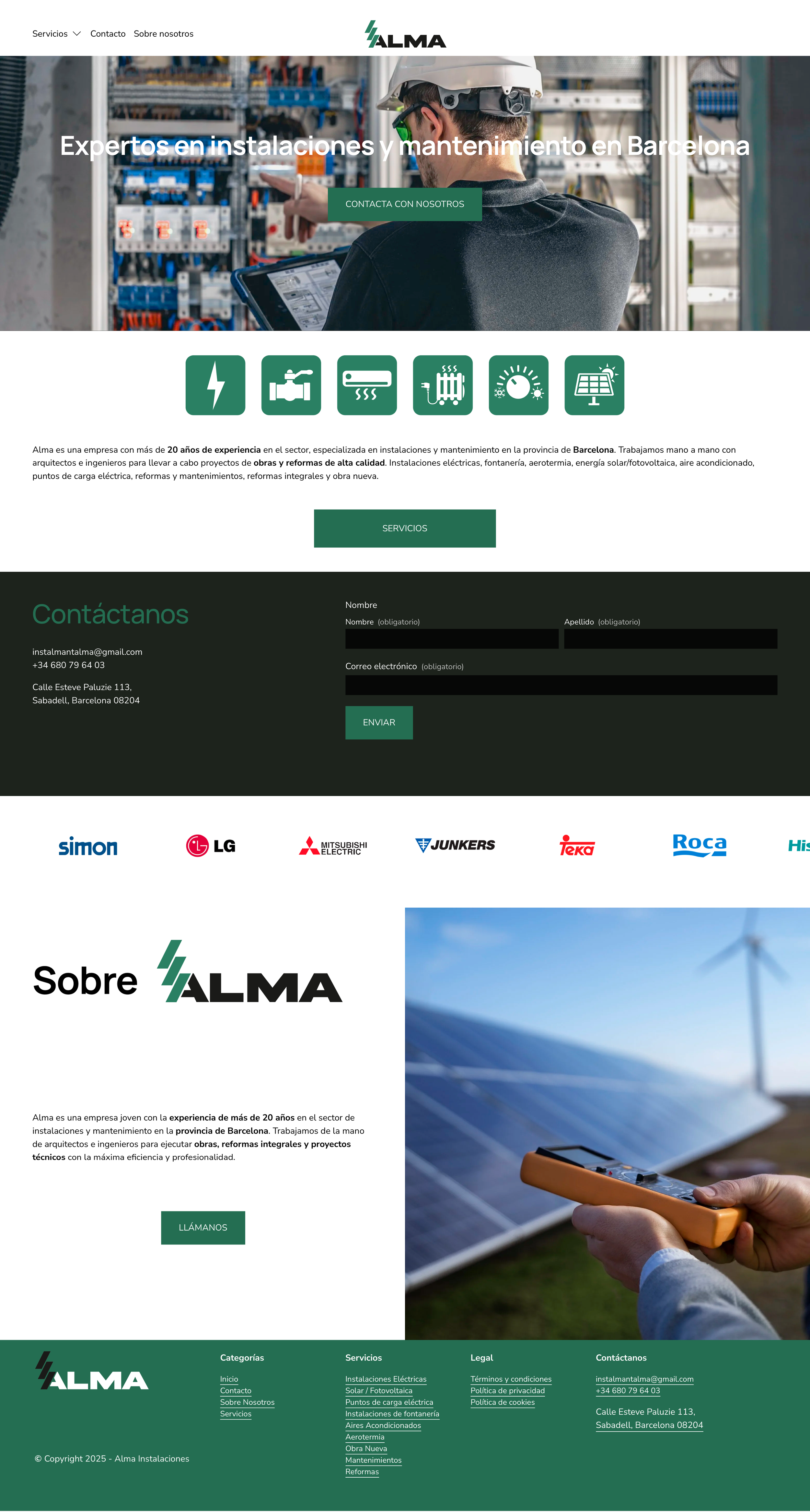 Página web de Alma, empresa de instalaciones y mantenimiento en Barcelona, con información de contacto, servicios, y logotipos de marcas eléctricas, canales solares y energía renovable, con imágenes de tecnología solar y herramientas eléctricas.