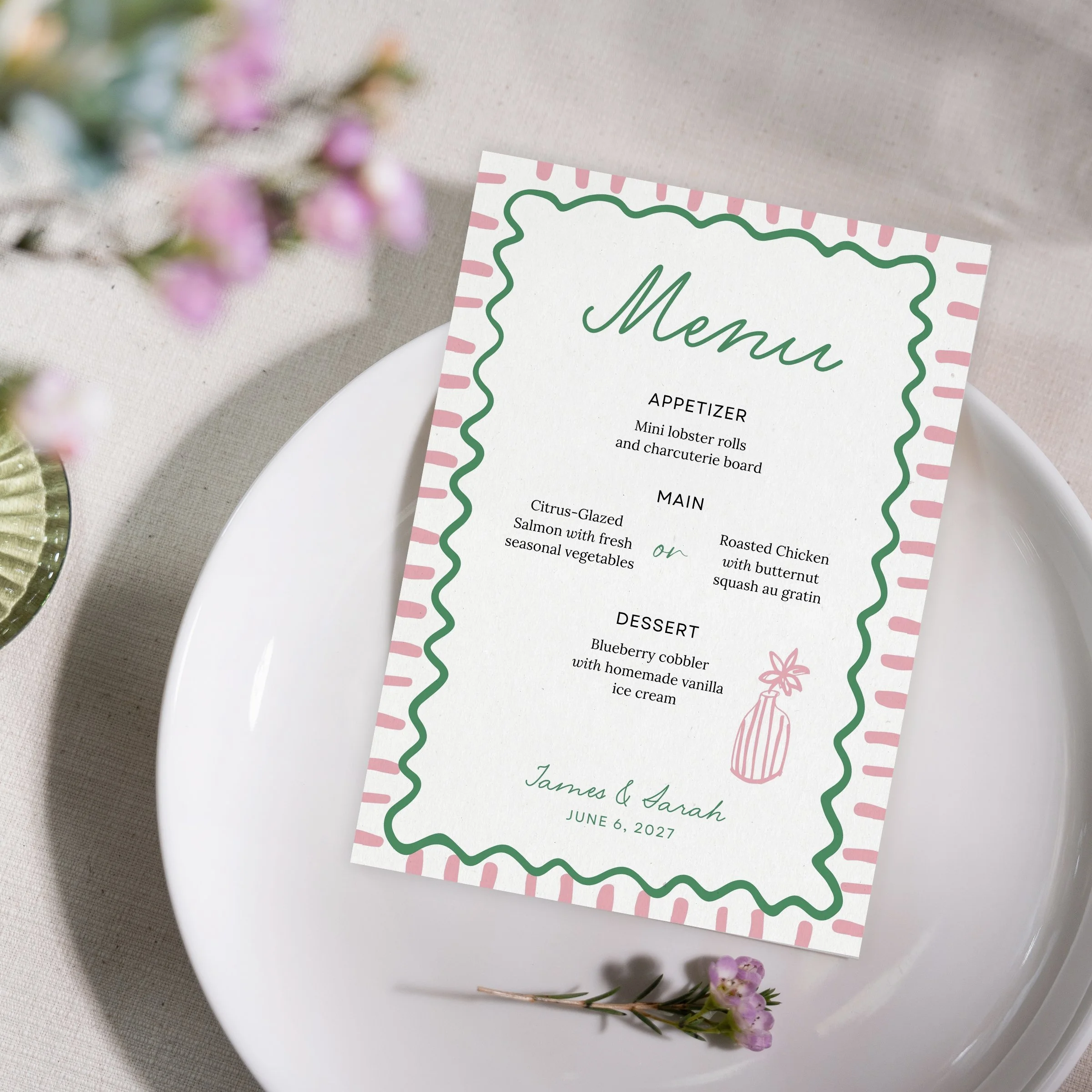 Pink and Green Wedding Menu on plate.jpg