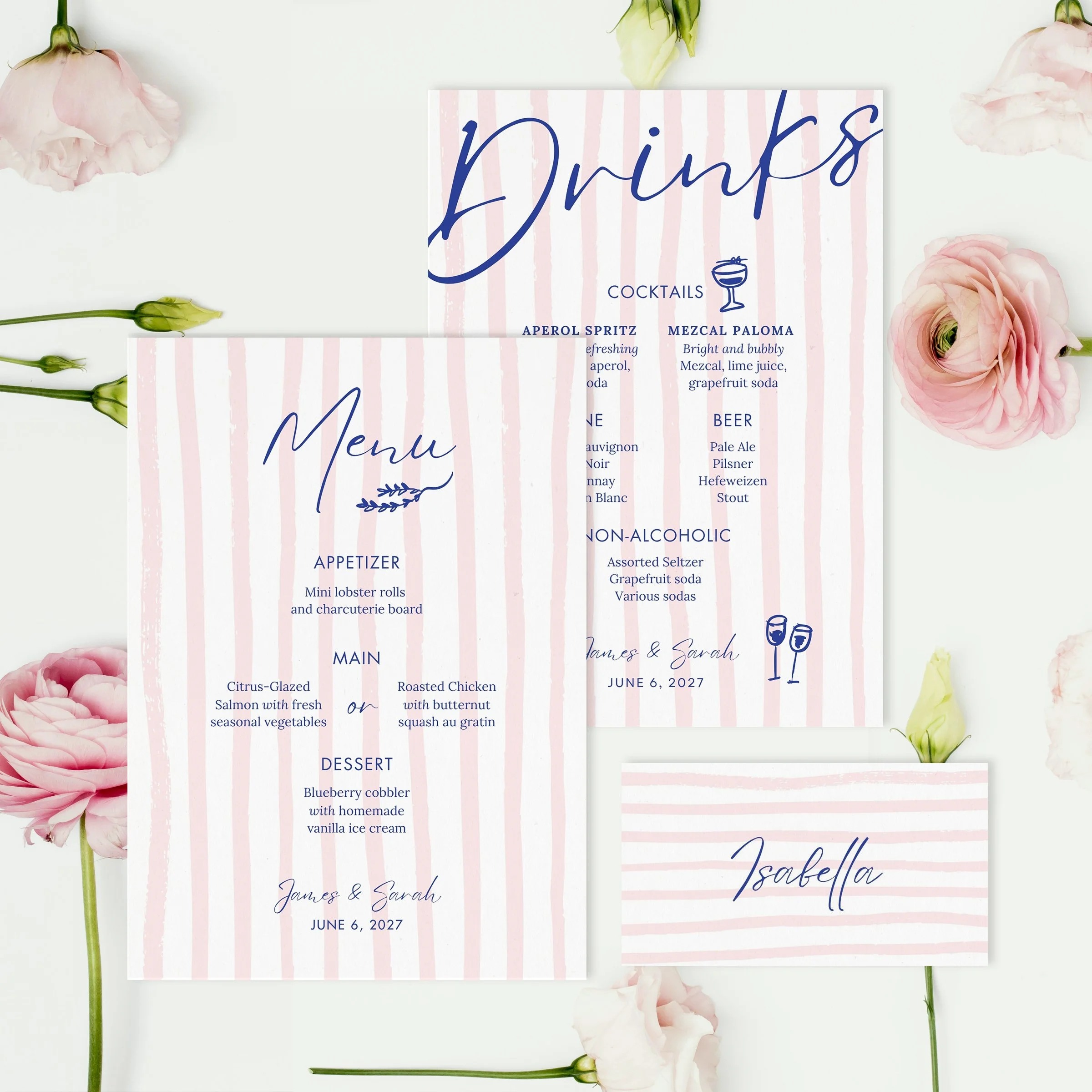 Aperitivo Striped Dinner Menu, Bar Menu and Place Card