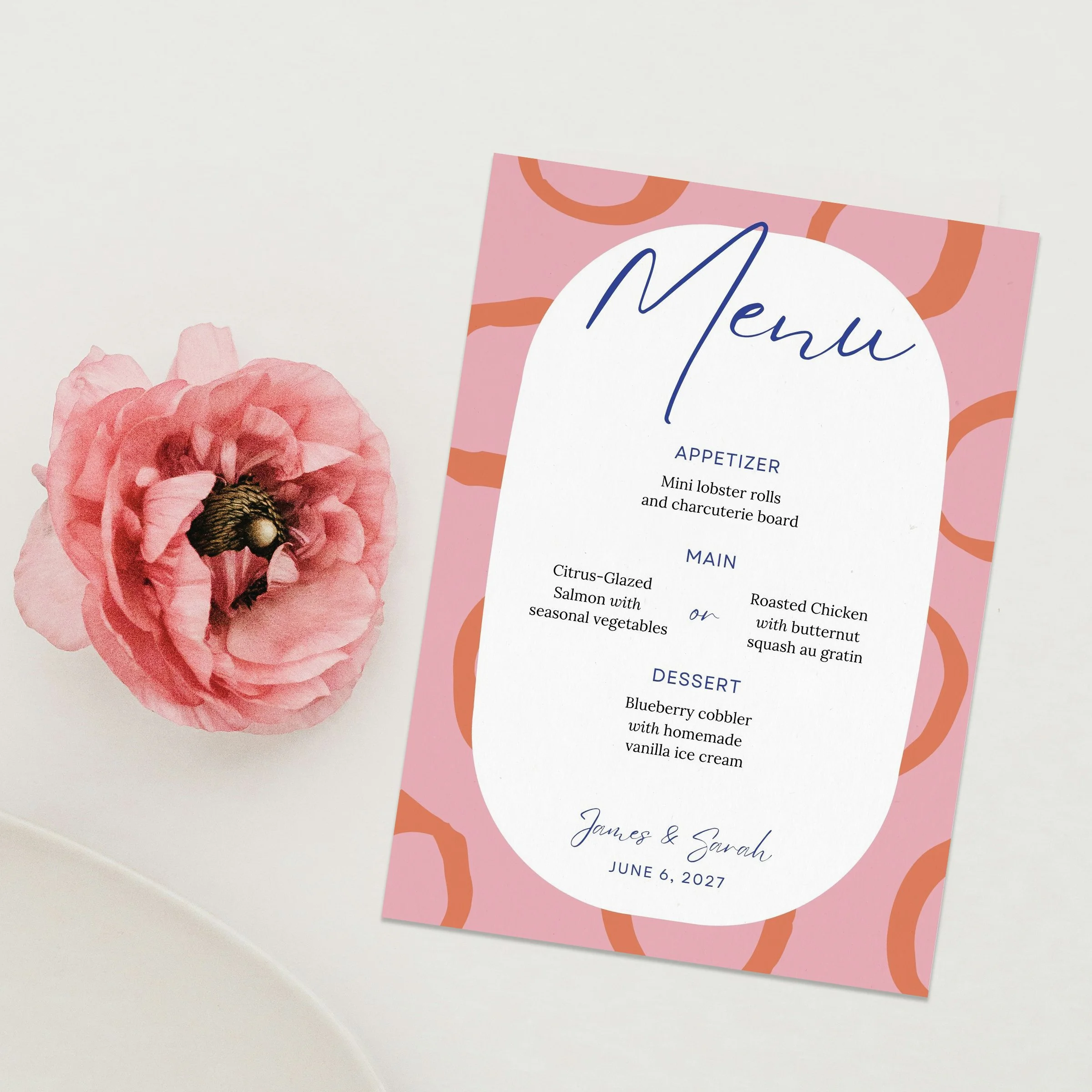 Aperitivo Orange + Pink Dinner Menu, Bar Menu and Place Card